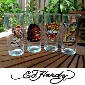 Ed Hardy Drinking Glasses Set Christian Audigier NYC Predators Skull Snake Tiger